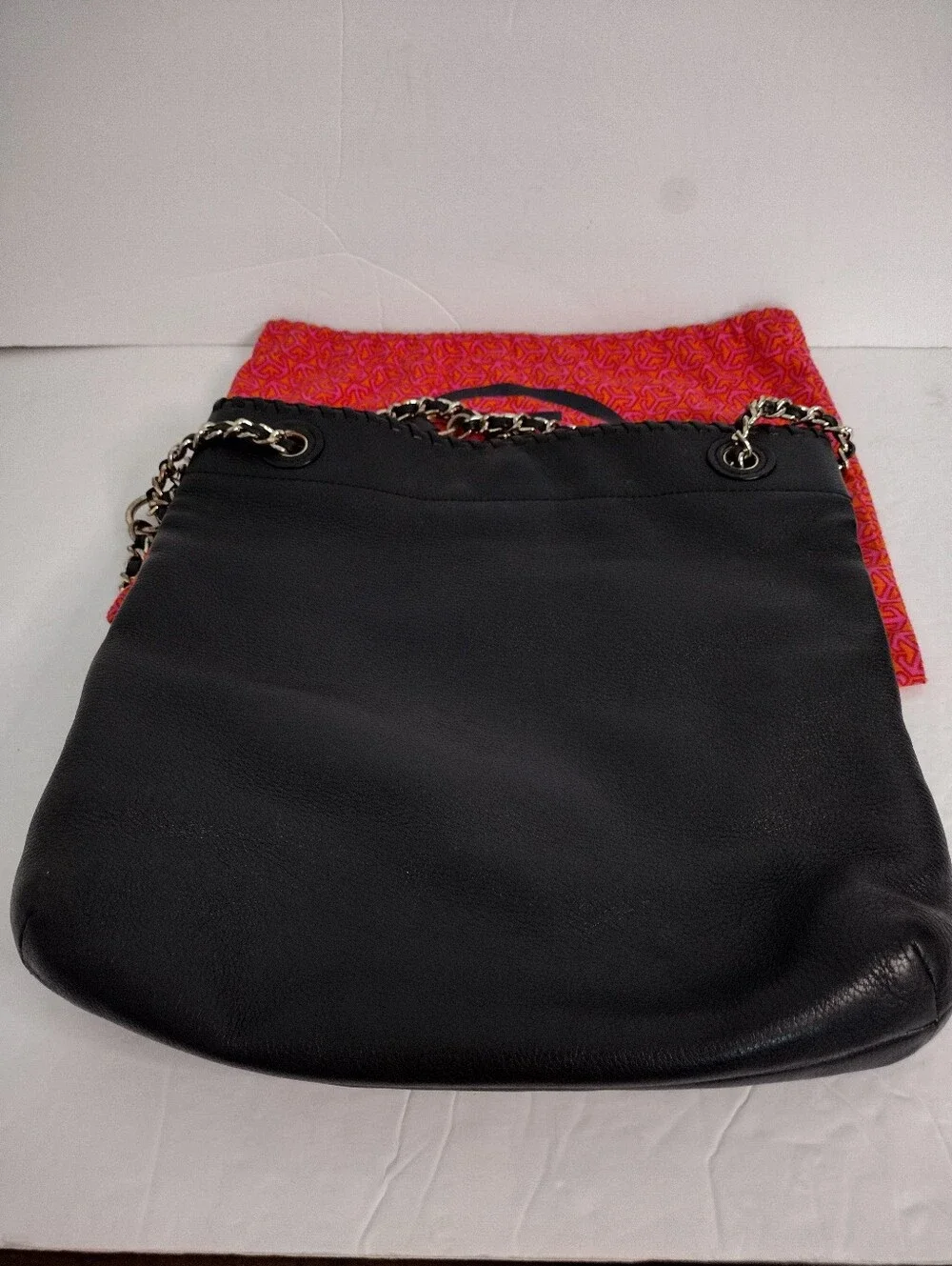 Tory Burch Marion Black Leather Slouchy Tote Hobo Chain Whipstitch W Dust Bag